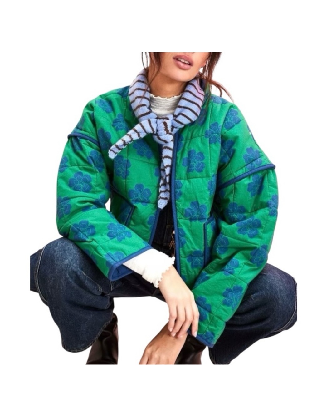 Free People Chloe Green Quilted Floral Cropped Puffer Jacket with Blue Accents - Picture 2 of 5